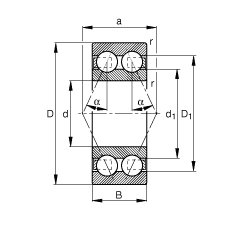 角接觸球軸承 3200-B-TVH, 根據 DIN 628-3 標準的主要尺寸，雙列，接觸角 α = 25°