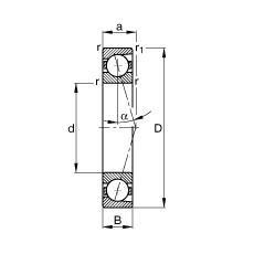 主軸軸承 B71908-C-T-P4S, 調節，成對安裝，接觸角 α = 15°，限制公差