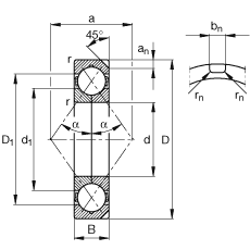 四點接觸球軸承 QJ222-N2-MPA, 根據(jù) DIN 628-4 的主要尺寸， 可以拆卸，剖分內(nèi)圈，帶兩個止動槽