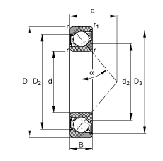 角接觸球軸承 7212-B-2RS-TVP, 根據 DIN 628-1 標準的主要尺寸，接觸角 α = 40°，兩側唇密封