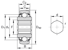 外球面球軸承 SK104-207-KRR-B-AH12, 球面外圈，內圈帶六角形孔，兩側 R 型密封